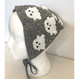 HALLOWEEN Women's Ghost Crochet Head Scarf Grey Black White Ghosts Boo OSFM NWOT
